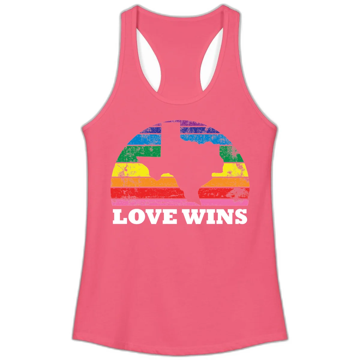 Two human head silhouettes in profile filled with rainbow horizontal stripes, with 'Love Wins' text below in Hot Pink