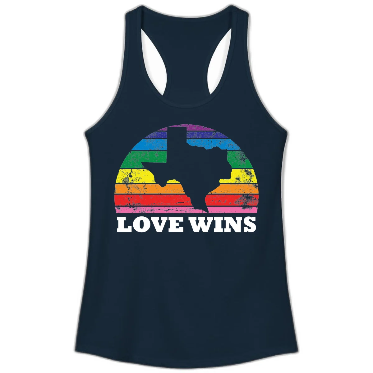 Two human head silhouettes in profile filled with rainbow horizontal stripes, with 'Love Wins' text below in Solid Midnight Navy