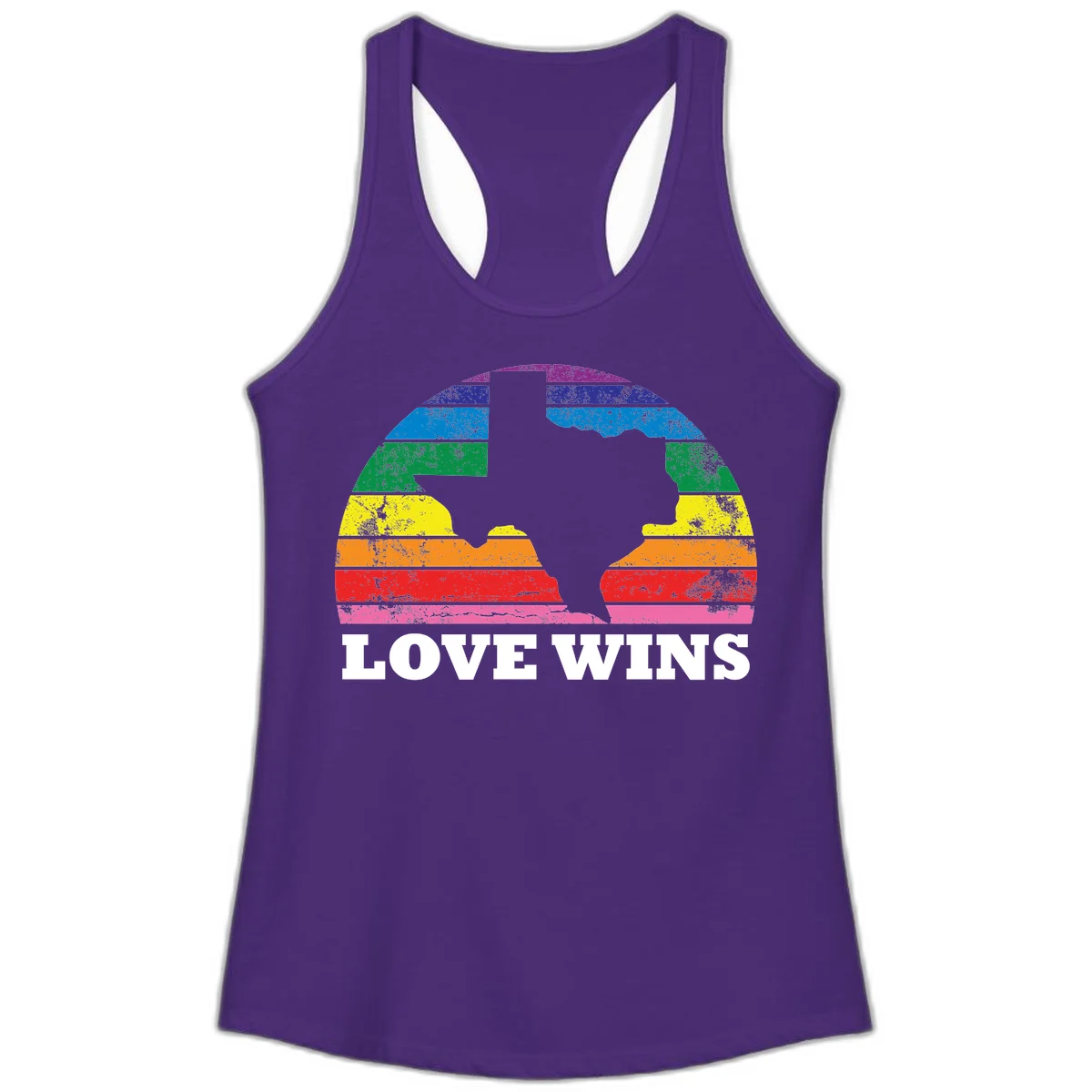 Two human head silhouettes in profile filled with rainbow horizontal stripes, with 'Love Wins' text below in Solid Purple Rush