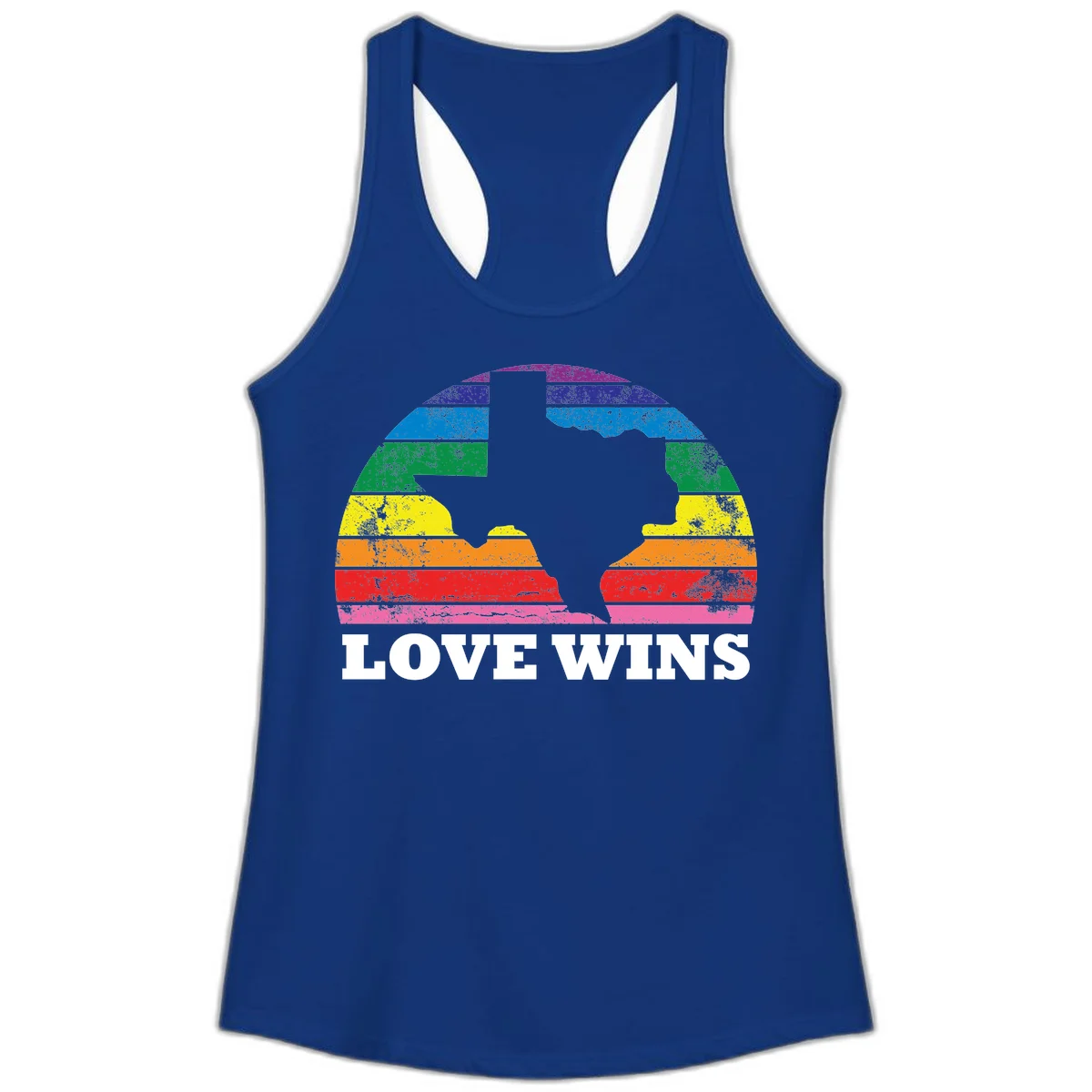 Two human head silhouettes in profile filled with rainbow horizontal stripes, with 'Love Wins' text below in Solid Royal