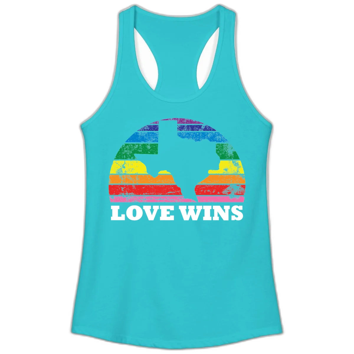 Two human head silhouettes in profile filled with rainbow horizontal stripes, with 'Love Wins' text below in Solid Tahiti Blue