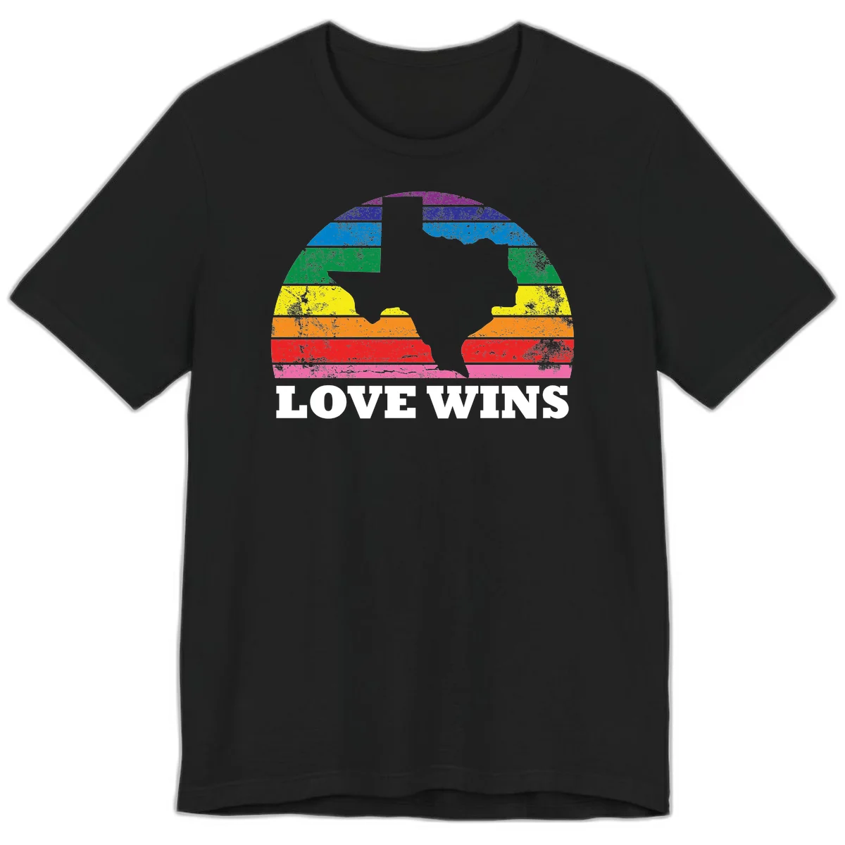 Two human head silhouettes in profile filled with rainbow horizontal stripes, with 'Love Wins' text below in Black
