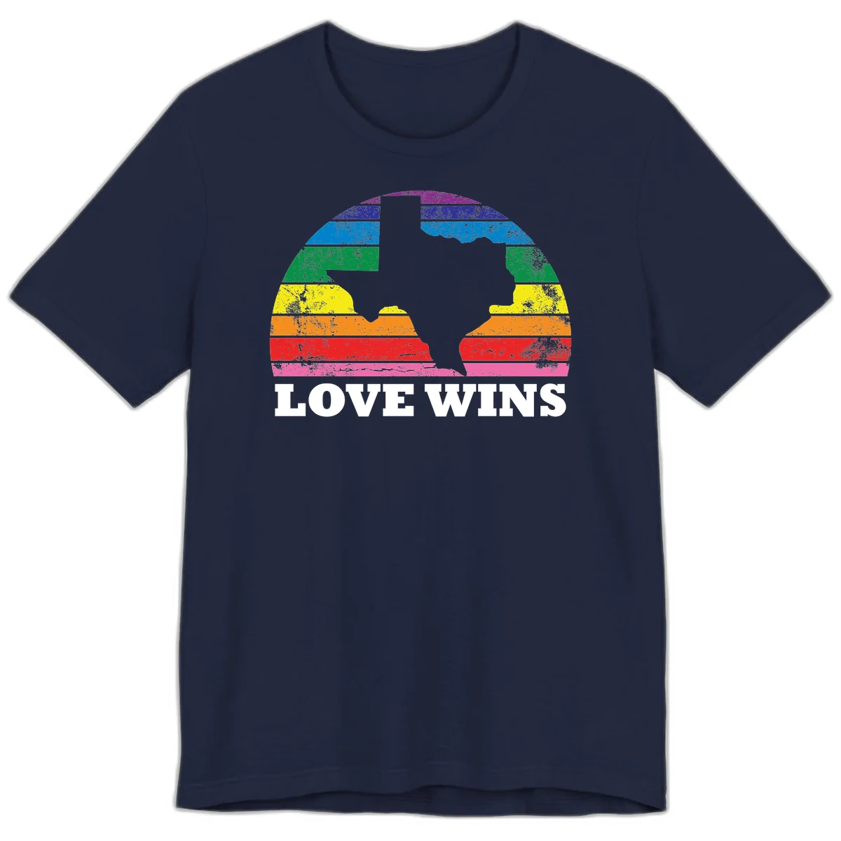 Two human head silhouettes in profile filled with rainbow horizontal stripes, with 'Love Wins' text below in Navy