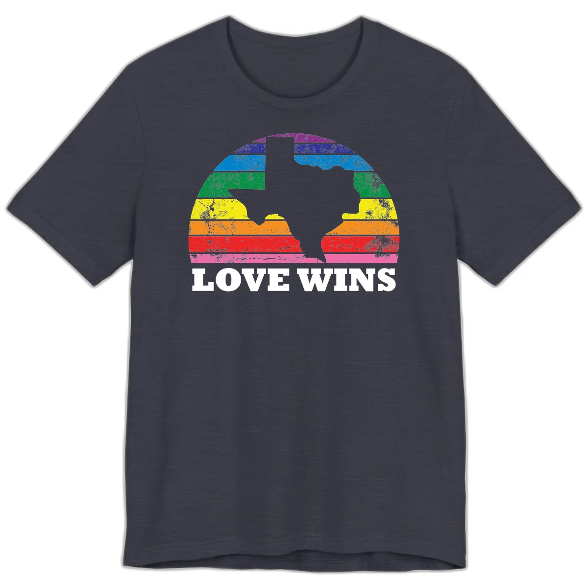 Two human head silhouettes in profile filled with rainbow horizontal stripes, with 'Love Wins' text below in Heather Midnight Navy