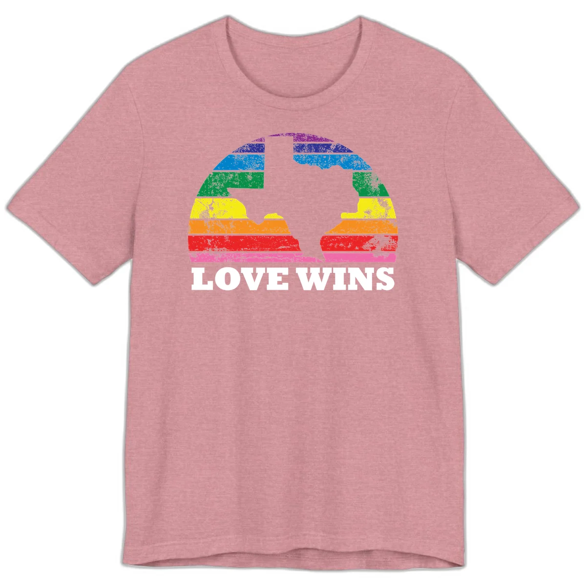 Two human head silhouettes in profile filled with rainbow horizontal stripes, with 'Love Wins' text below in Heather Orchid