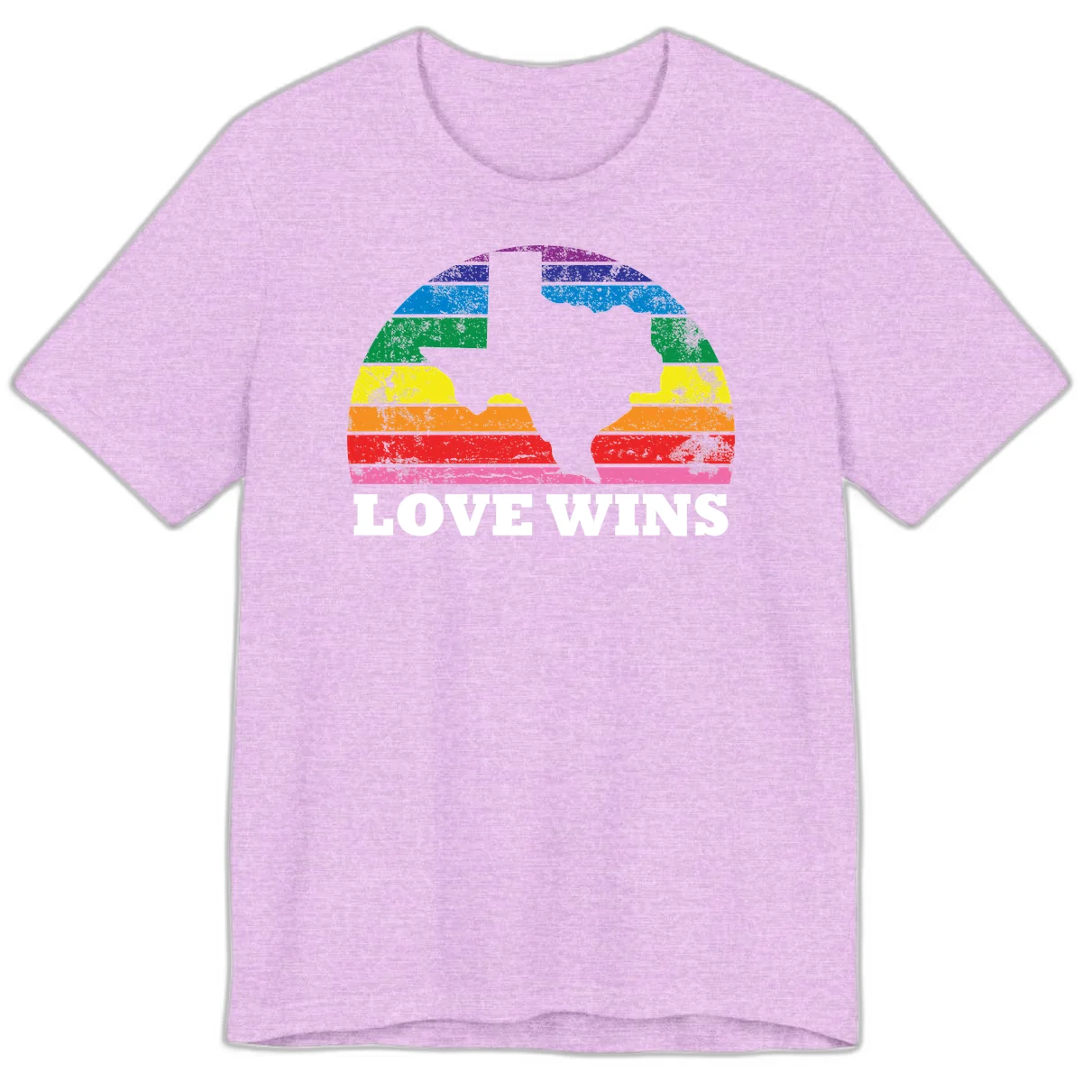 Two human head silhouettes in profile filled with rainbow horizontal stripes, with 'Love Wins' text below in Heather Prism Lilac