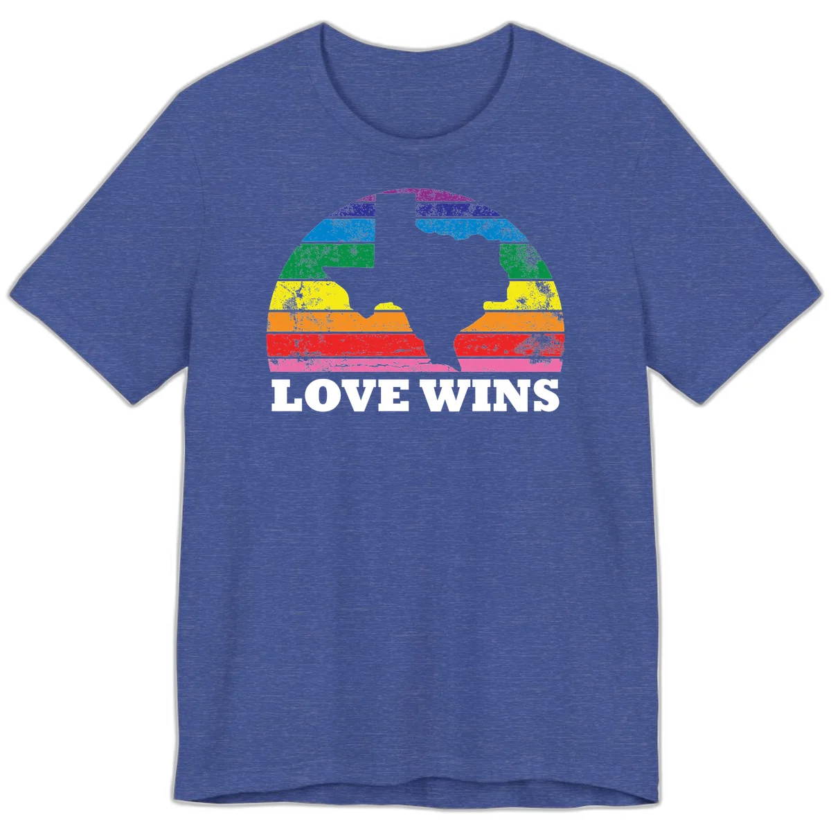 Two human head silhouettes in profile filled with rainbow horizontal stripes, with 'Love Wins' text below in Heather True Royal