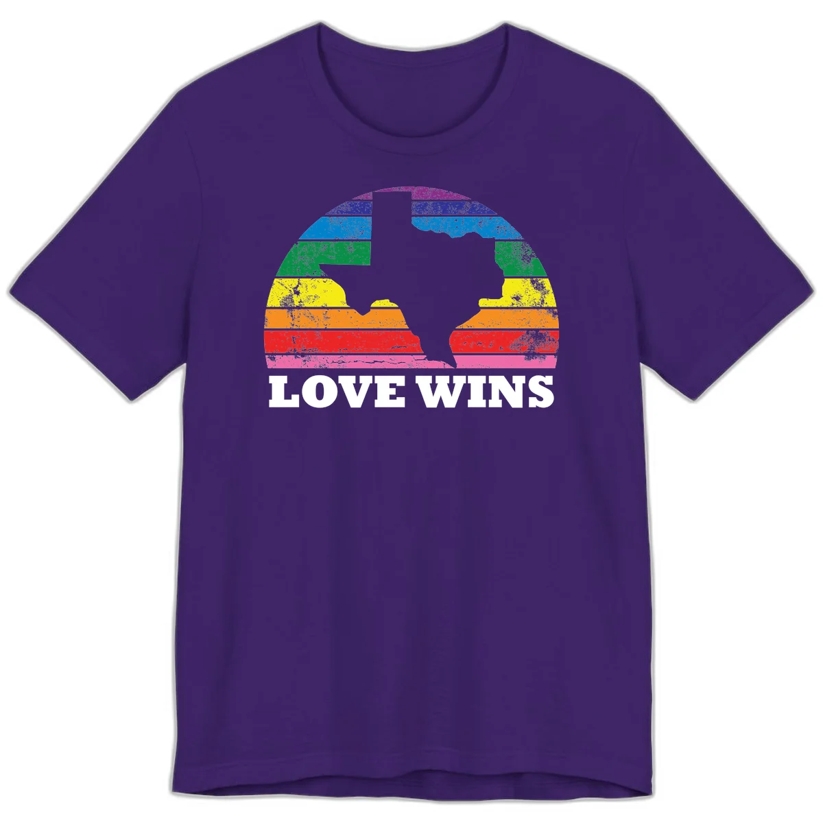 Two human head silhouettes in profile filled with rainbow horizontal stripes, with 'Love Wins' text below in Team Purple