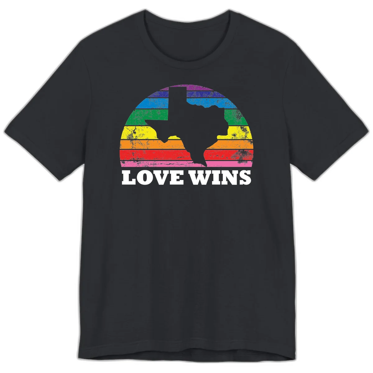 Two human head silhouettes in profile filled with rainbow horizontal stripes, with 'Love Wins' text below in Vintage Black