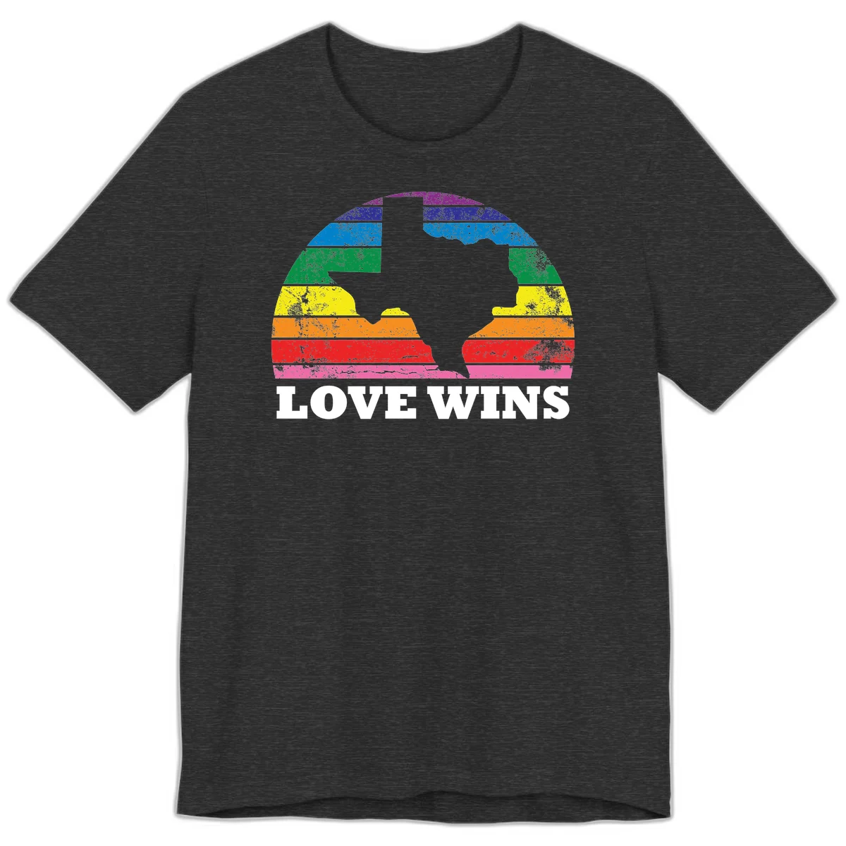 Two human head silhouettes in profile filled with rainbow horizontal stripes, with 'Love Wins' text below in Dark Grey Heather