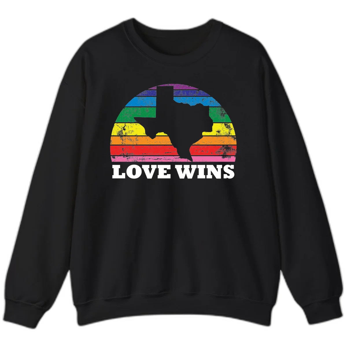 Two human head silhouettes in profile filled with rainbow horizontal stripes, with 'Love Wins' text below in Black