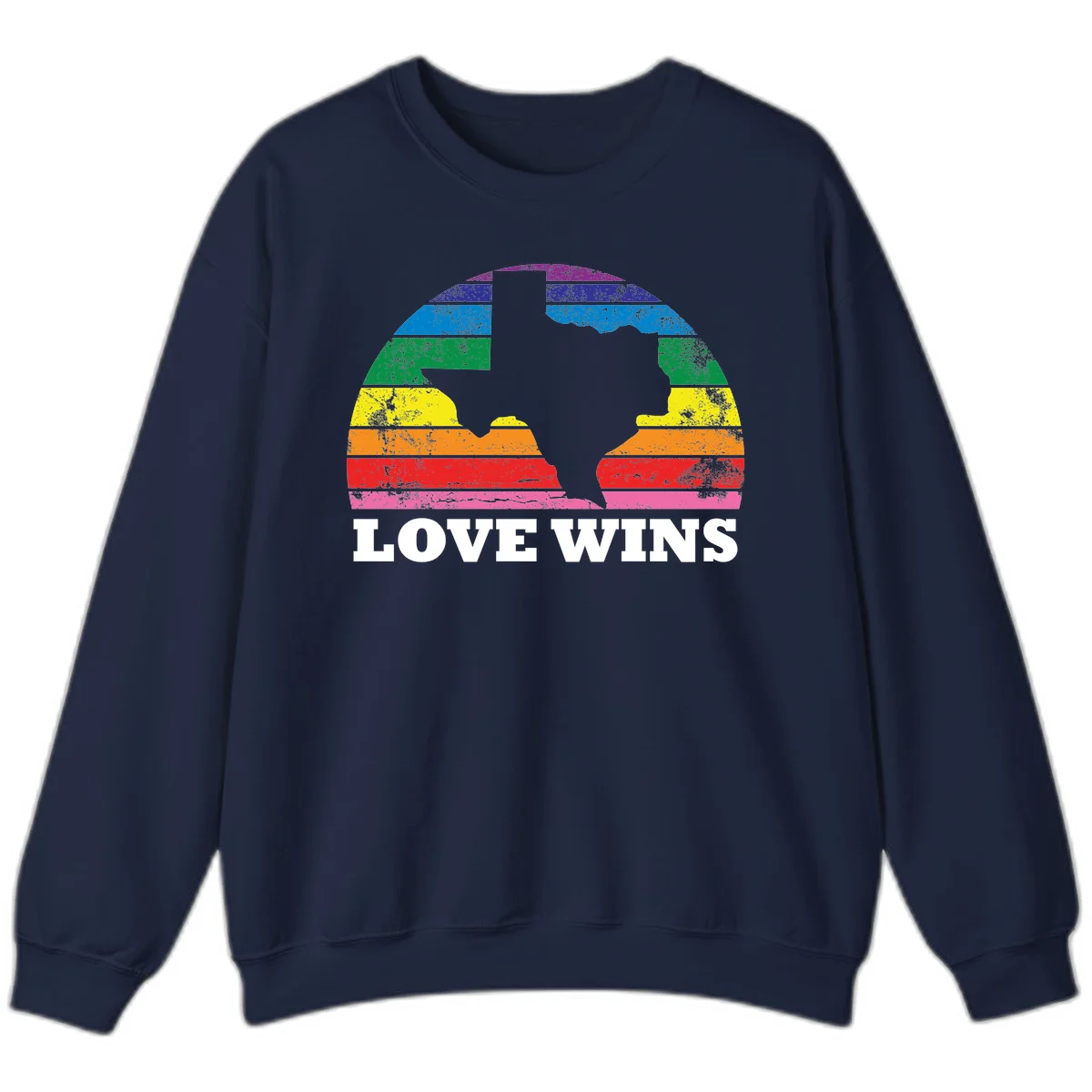 Two human head silhouettes in profile filled with rainbow horizontal stripes, with 'Love Wins' text below in Navy