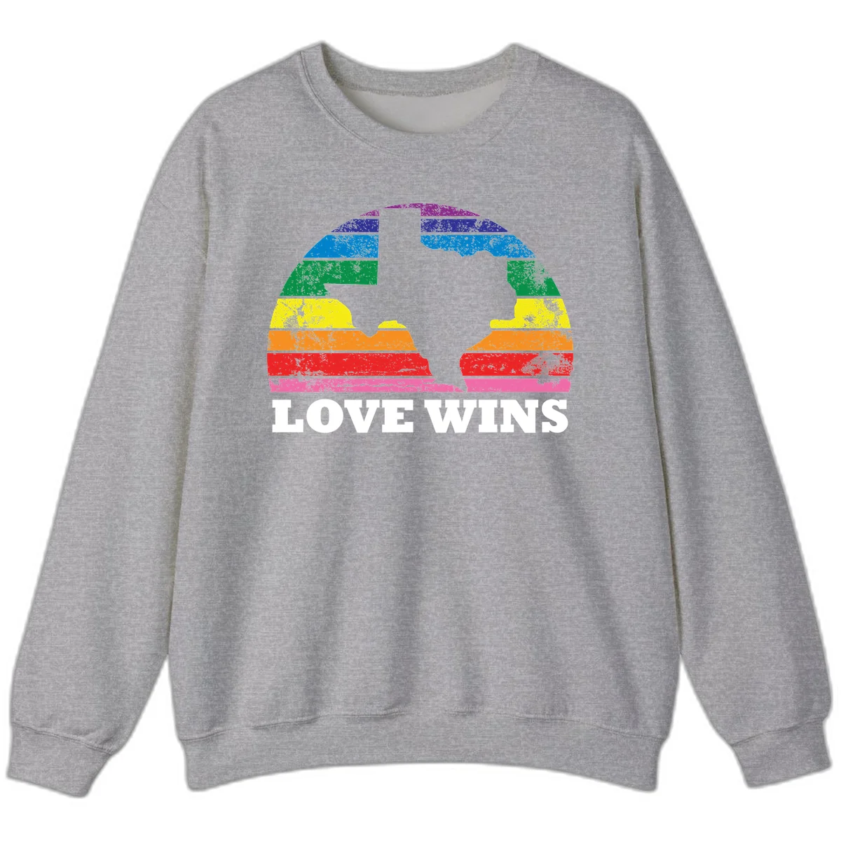 Two human head silhouettes in profile filled with rainbow horizontal stripes, with 'Love Wins' text below in Sport Grey