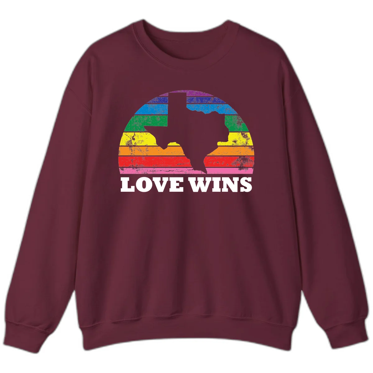 Two human head silhouettes in profile filled with rainbow horizontal stripes, with 'Love Wins' text below in Maroon