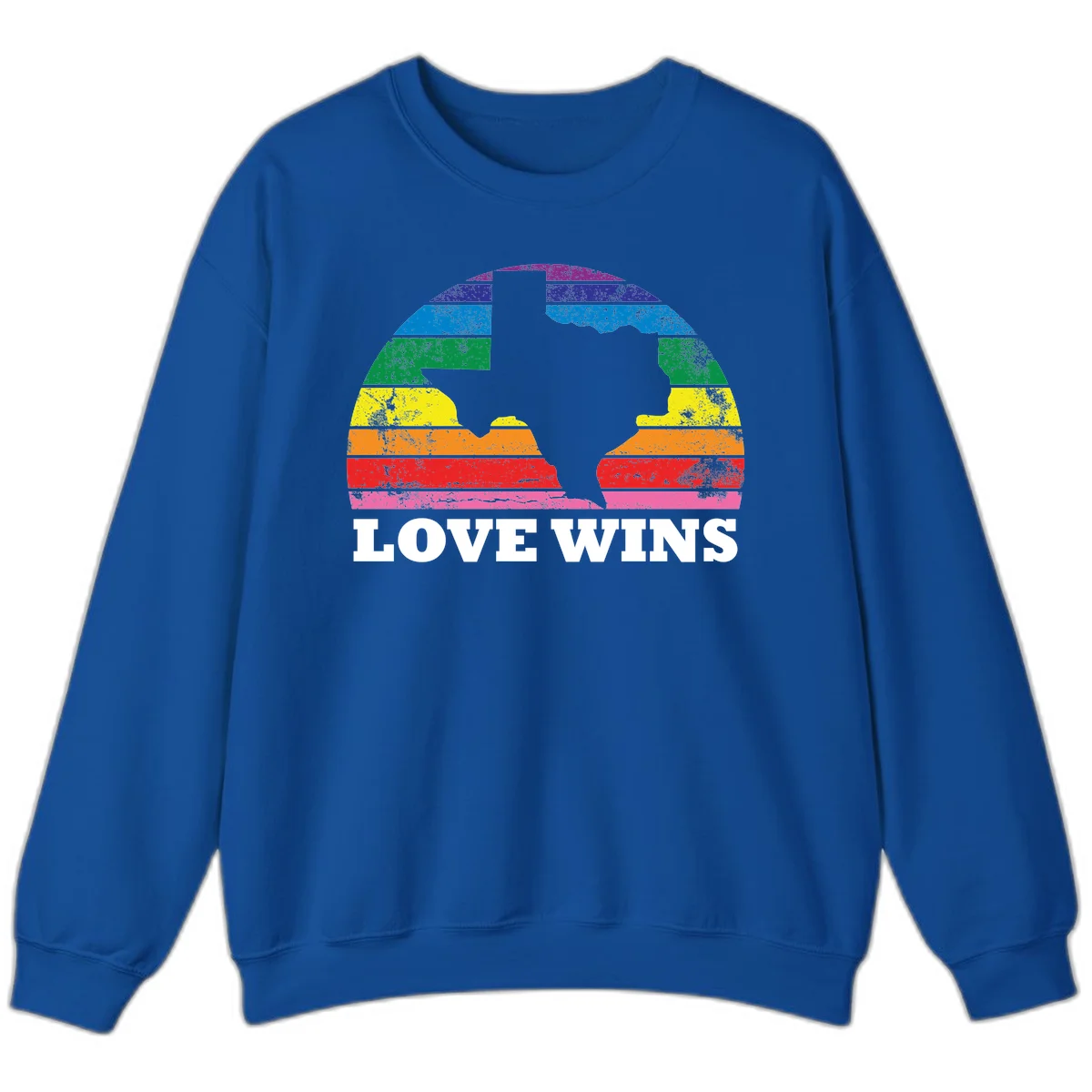 Two human head silhouettes in profile filled with rainbow horizontal stripes, with 'Love Wins' text below in Royal