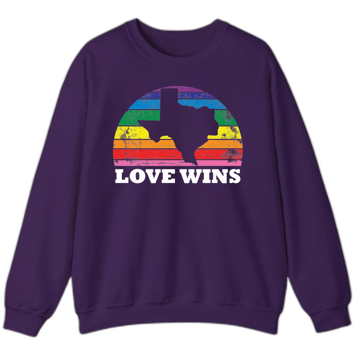 Two human head silhouettes in profile filled with rainbow horizontal stripes, with 'Love Wins' text below in Purple