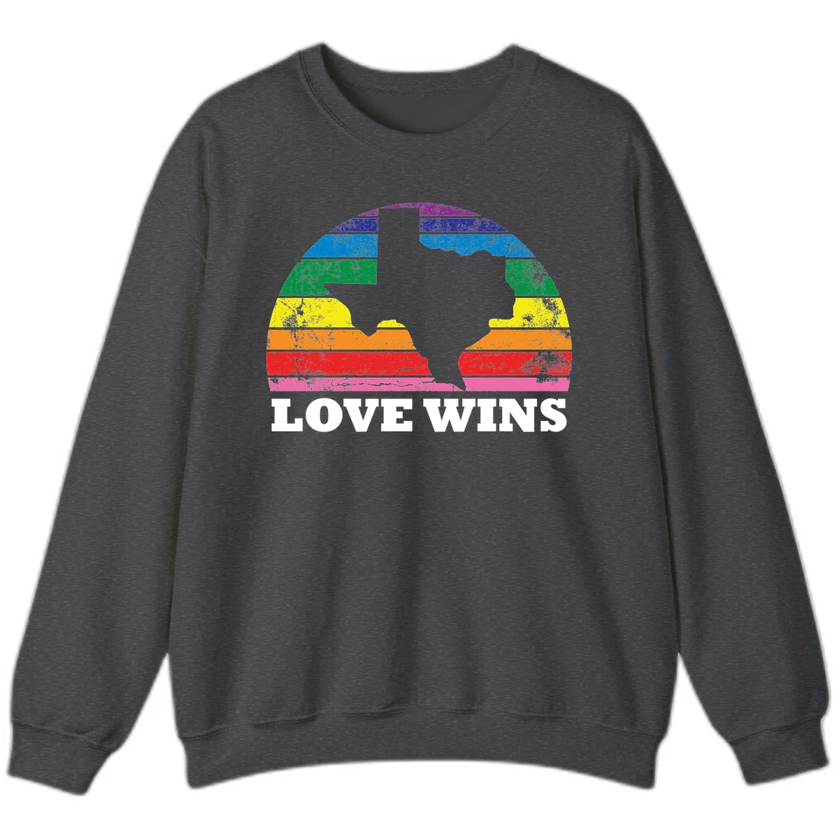 Two human head silhouettes in profile filled with rainbow horizontal stripes, with 'Love Wins' text below in Dark Heather