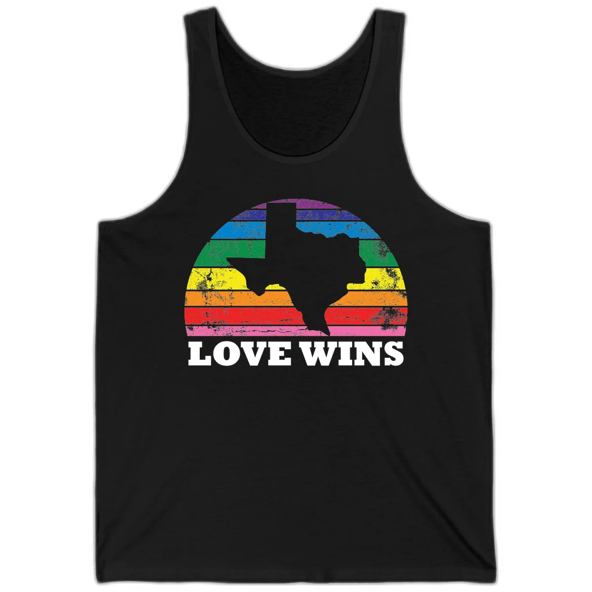 Two human head silhouettes in profile filled with rainbow horizontal stripes, with 'Love Wins' text below in Black