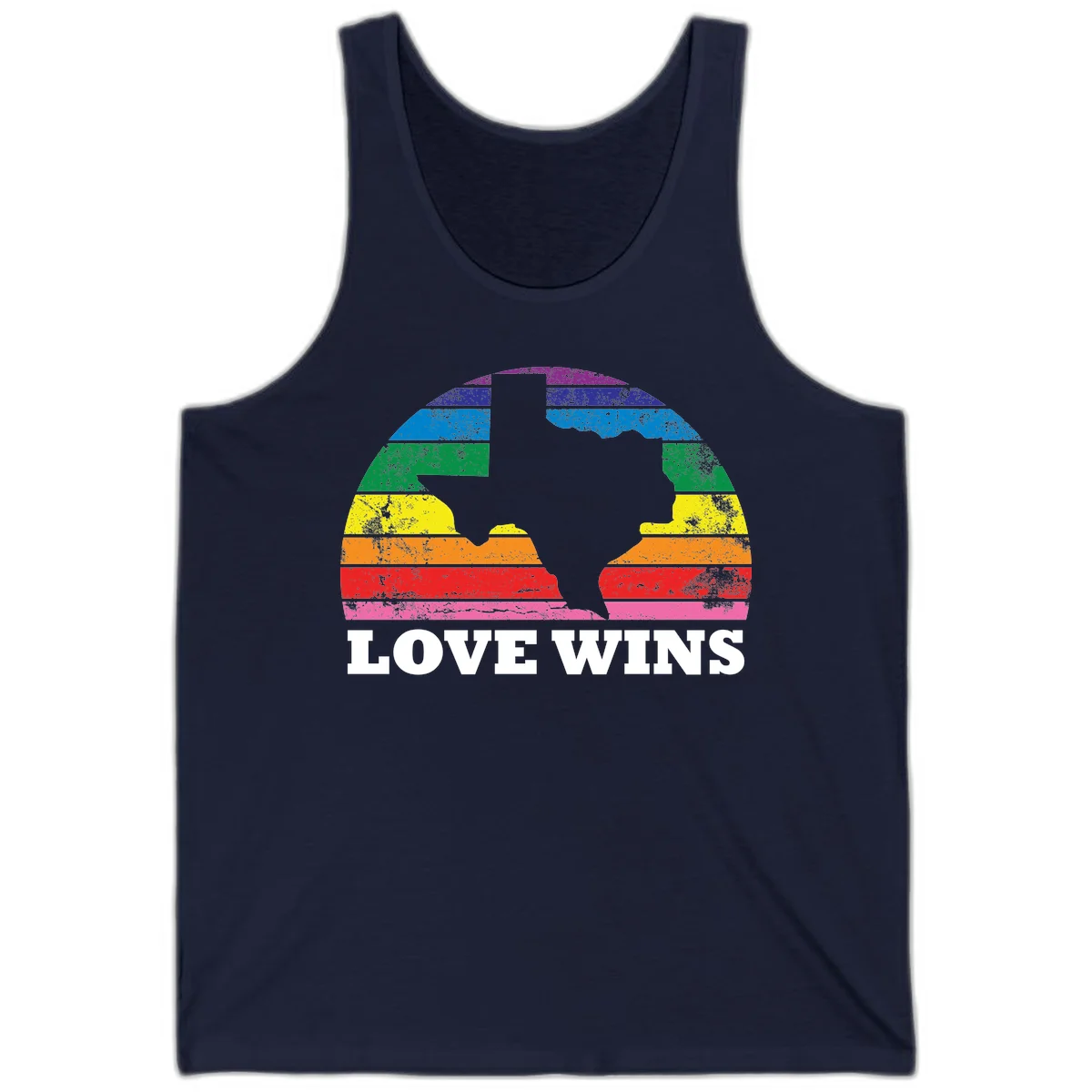 Two human head silhouettes in profile filled with rainbow horizontal stripes, with 'Love Wins' text below in Navy