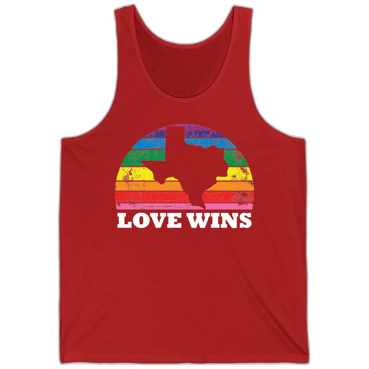 Two human head silhouettes in profile filled with rainbow horizontal stripes, with 'Love Wins' text below in Red