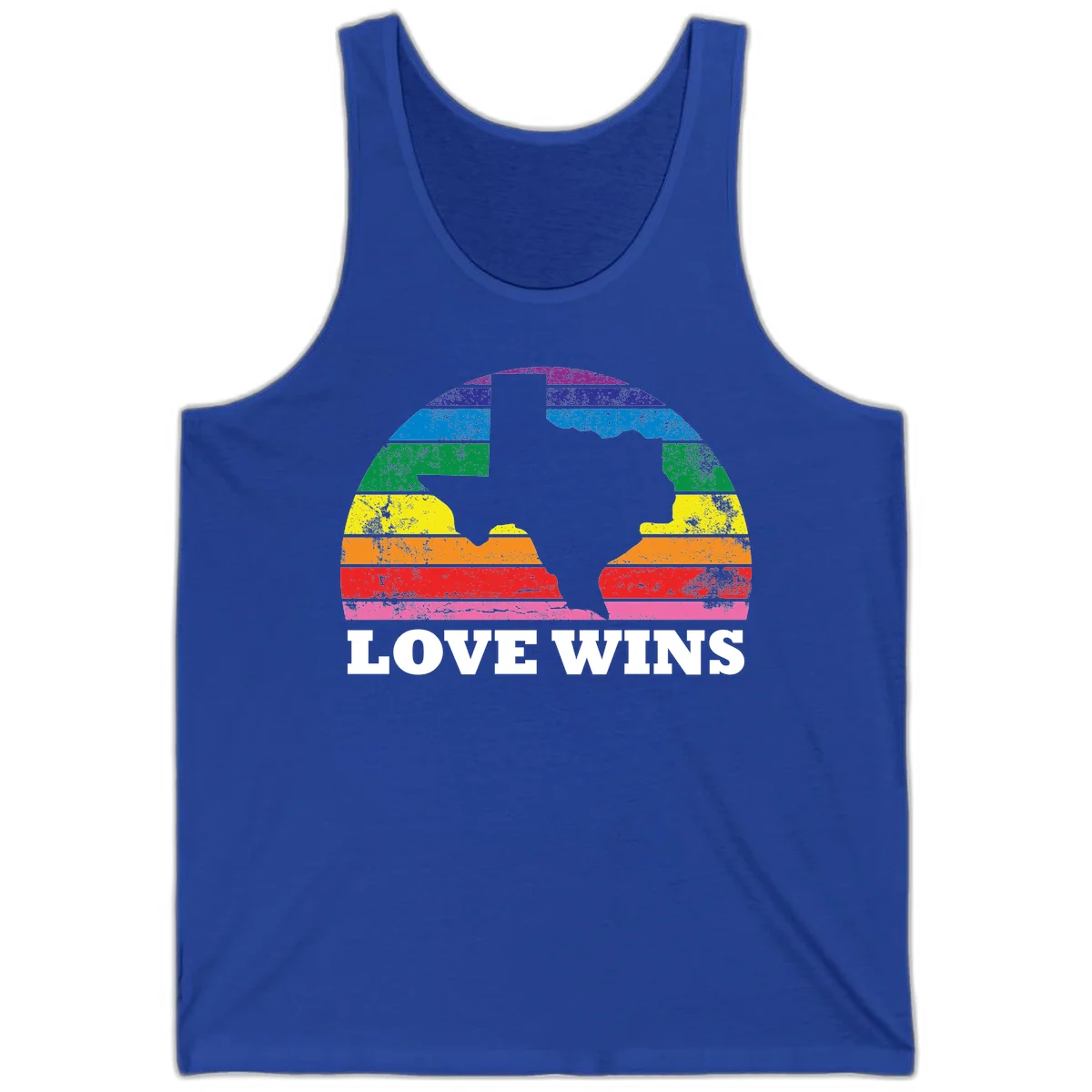 Two human head silhouettes in profile filled with rainbow horizontal stripes, with 'Love Wins' text below in True Royal