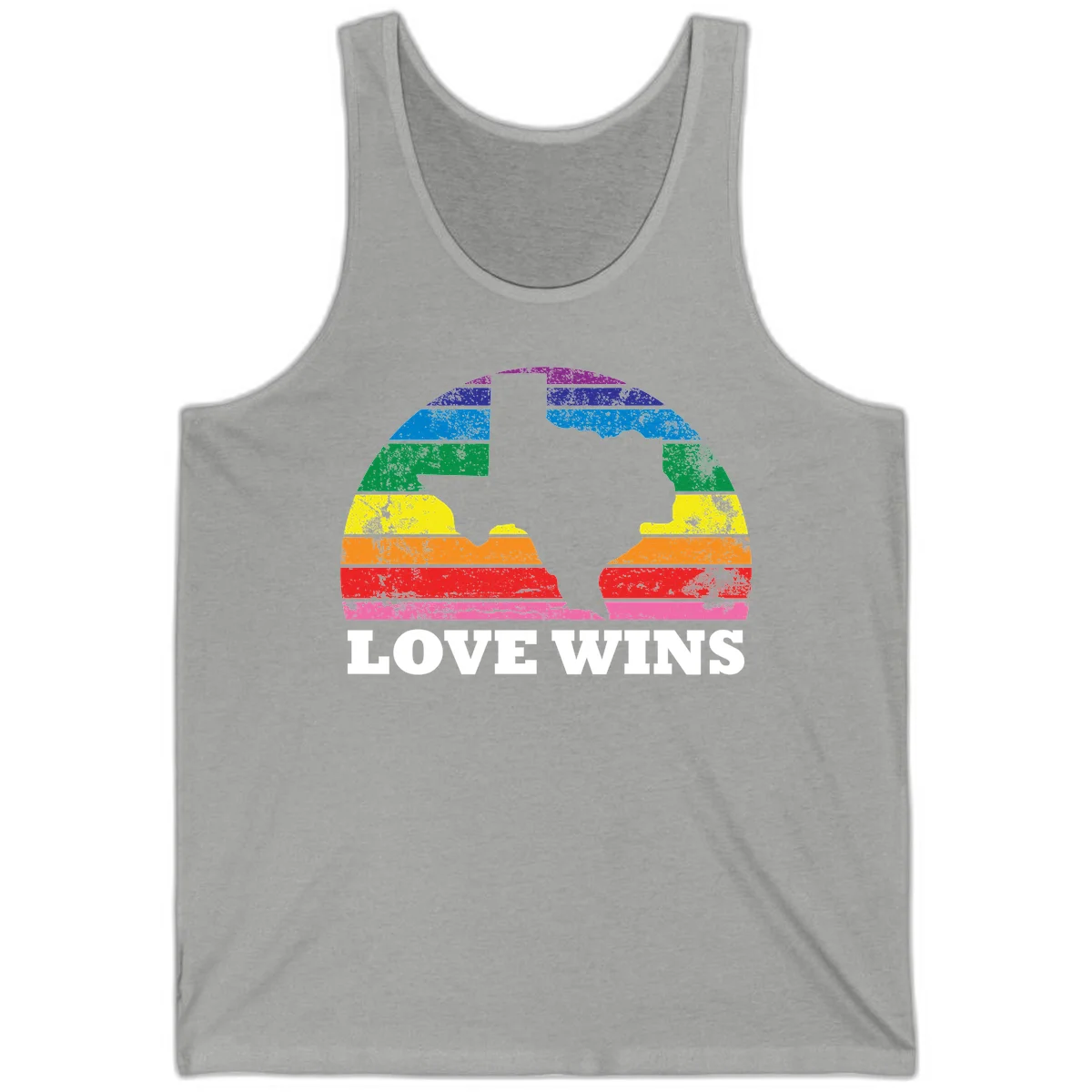 Two human head silhouettes in profile filled with rainbow horizontal stripes, with 'Love Wins' text below in Athletic Heather