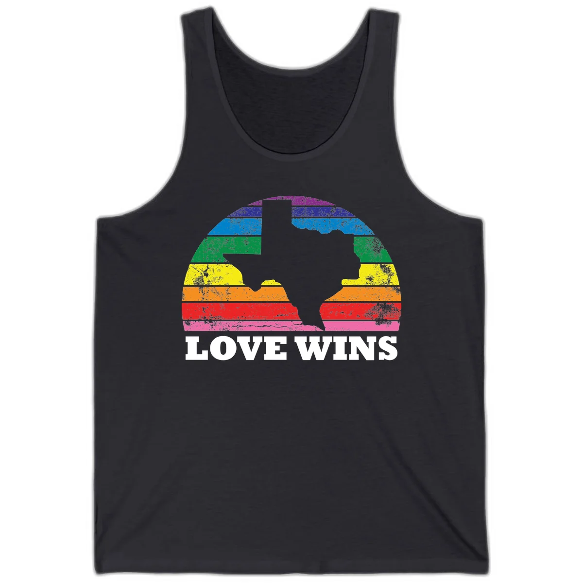 Two human head silhouettes in profile filled with rainbow horizontal stripes, with 'Love Wins' text below in Dark Grey