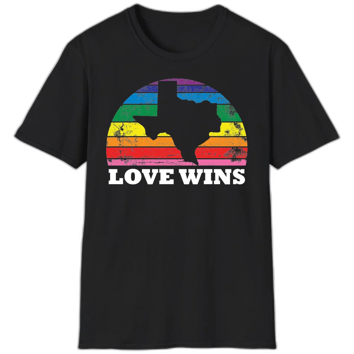 Two human head silhouettes in profile filled with rainbow horizontal stripes, with 'Love Wins' text below in Black