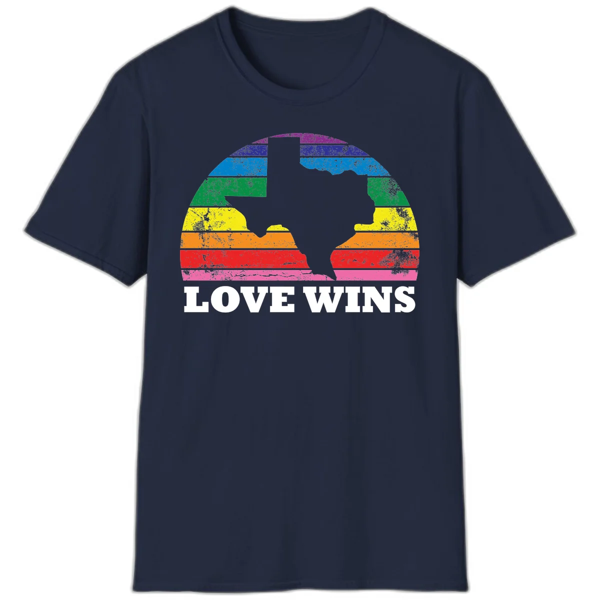 Two human head silhouettes in profile filled with rainbow horizontal stripes, with 'Love Wins' text below in Navy