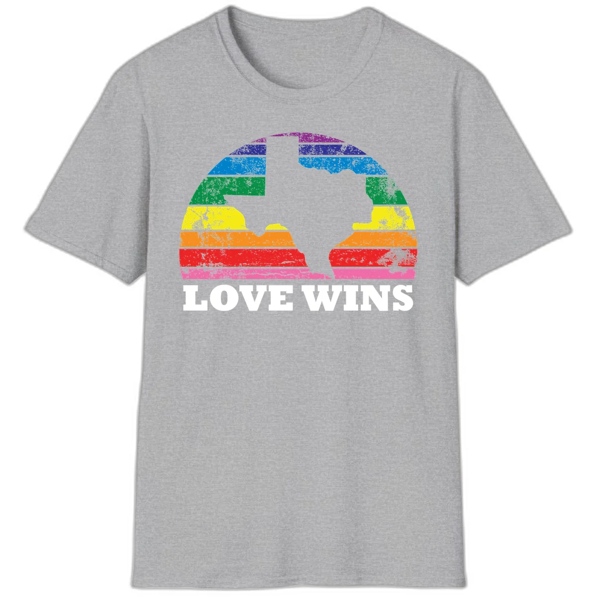 Two human head silhouettes in profile filled with rainbow horizontal stripes, with 'Love Wins' text below in Sport Grey
