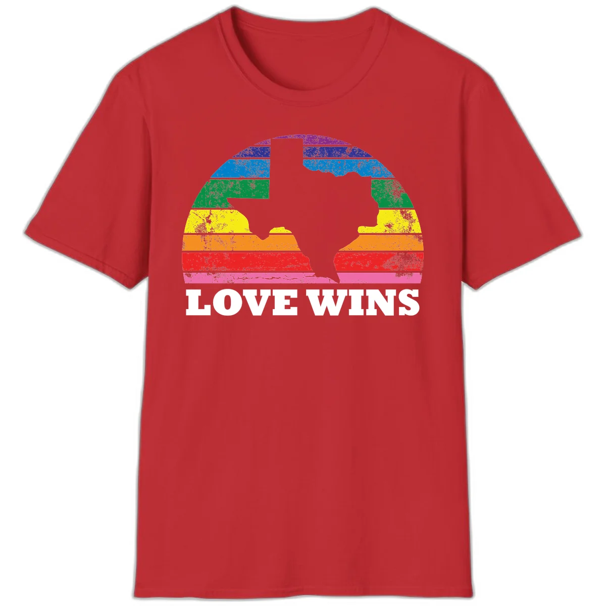 Two human head silhouettes in profile filled with rainbow horizontal stripes, with 'Love Wins' text below in Red