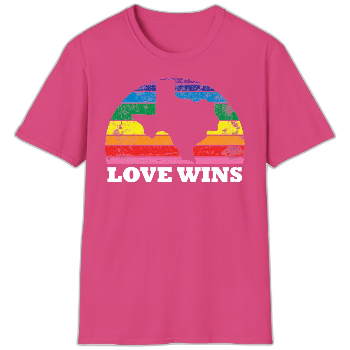 Two human head silhouettes in profile filled with rainbow horizontal stripes, with 'Love Wins' text below in Heliconia