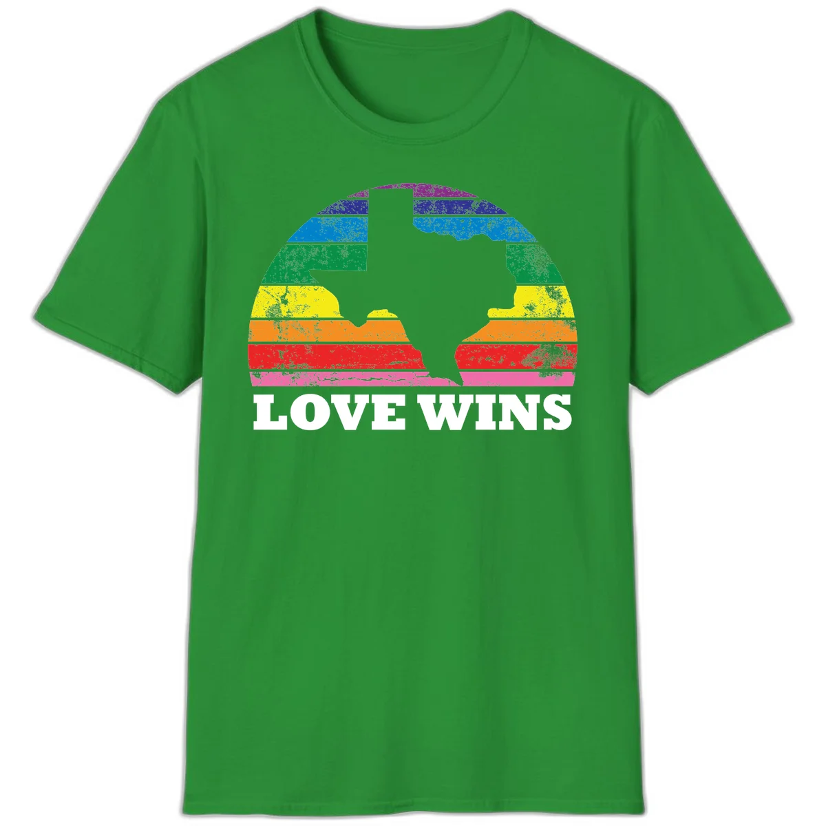 Two human head silhouettes in profile filled with rainbow horizontal stripes, with 'Love Wins' text below in Irish Green