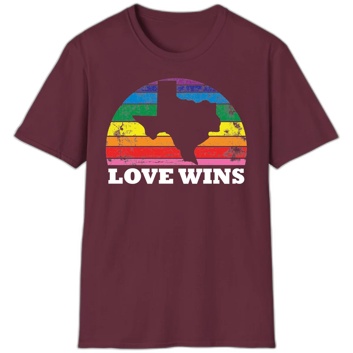 Two human head silhouettes in profile filled with rainbow horizontal stripes, with 'Love Wins' text below in Maroon