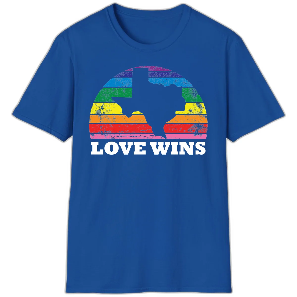 Two human head silhouettes in profile filled with rainbow horizontal stripes, with 'Love Wins' text below in Royal