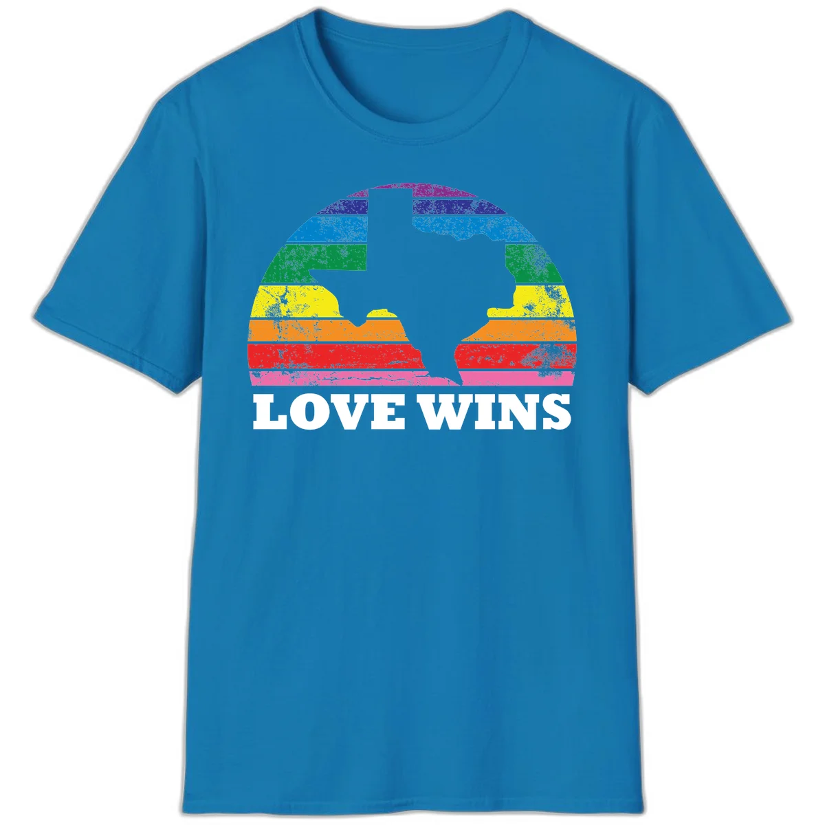 Two human head silhouettes in profile filled with rainbow horizontal stripes, with 'Love Wins' text below in Sapphire