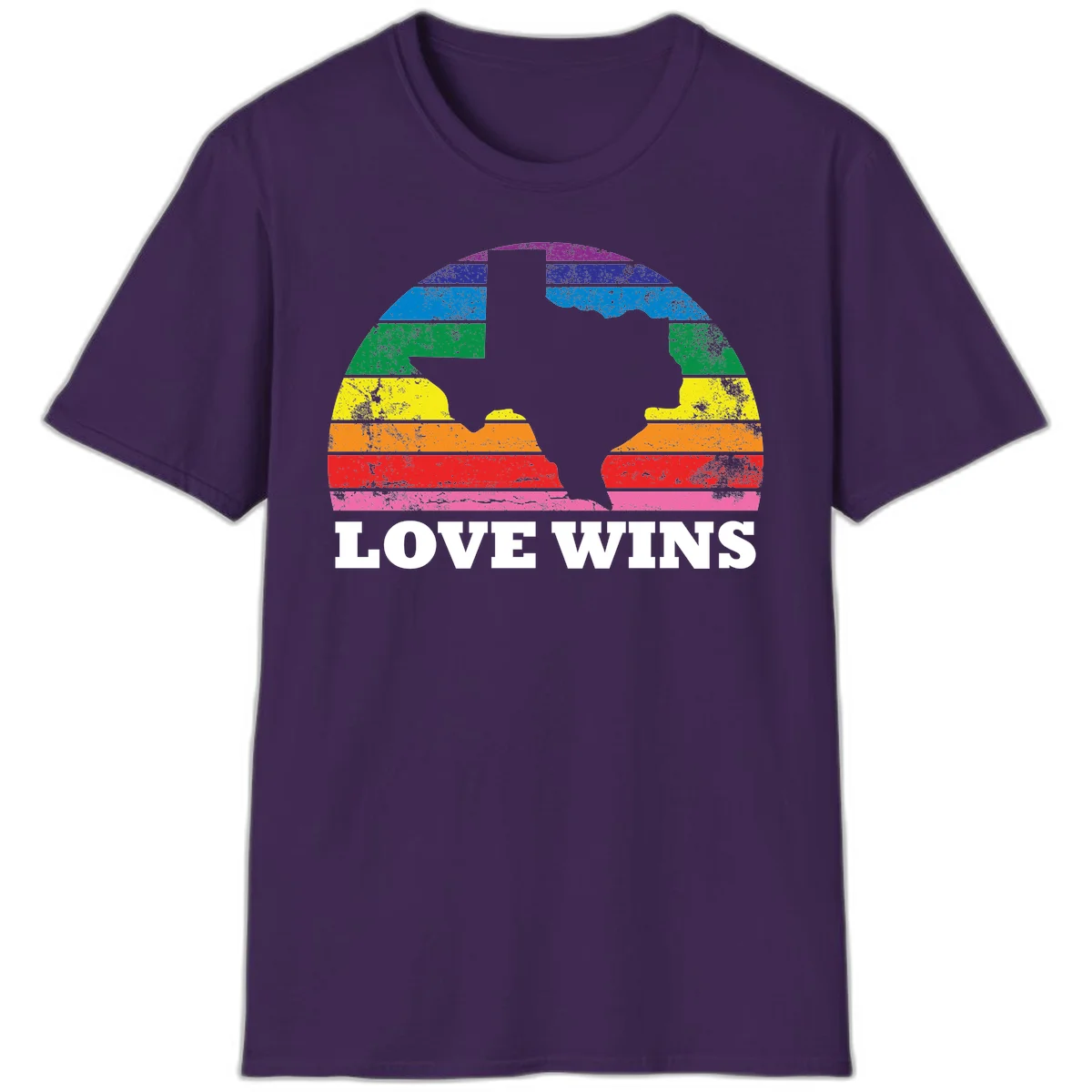 Two human head silhouettes in profile filled with rainbow horizontal stripes, with 'Love Wins' text below in Purple