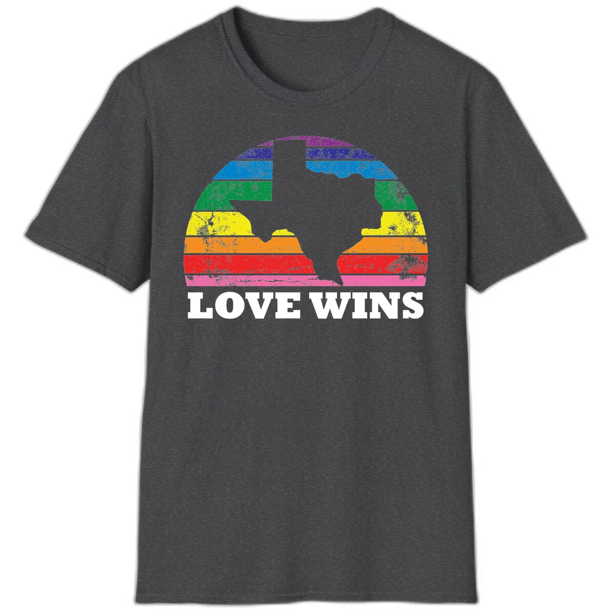 Two human head silhouettes in profile filled with rainbow horizontal stripes, with 'Love Wins' text below in Dark Heather