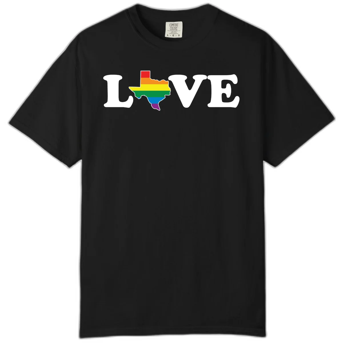 Love Texas Pride design: white LOVE text with Texas state map in rainbow pride colors on gray background in Black
