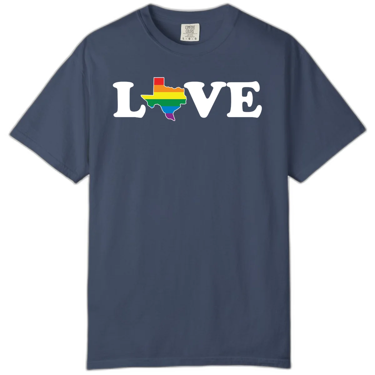Love Texas Pride design: white LOVE text with Texas state map in rainbow pride colors on gray background in Midnight