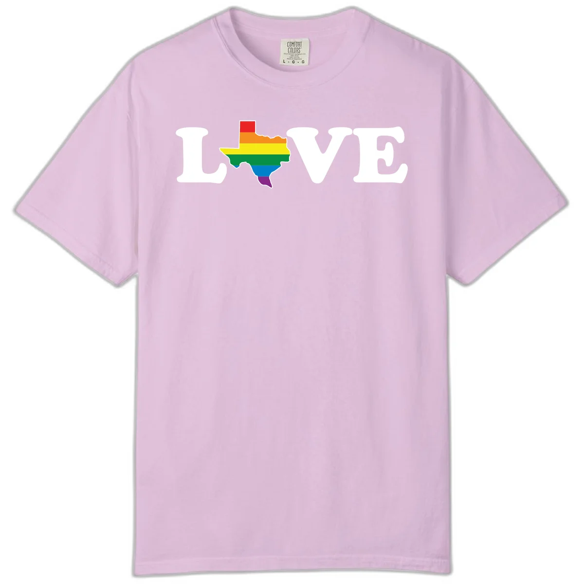 Love Texas Pride design: white LOVE text with Texas state map in rainbow pride colors on gray background in Orchid