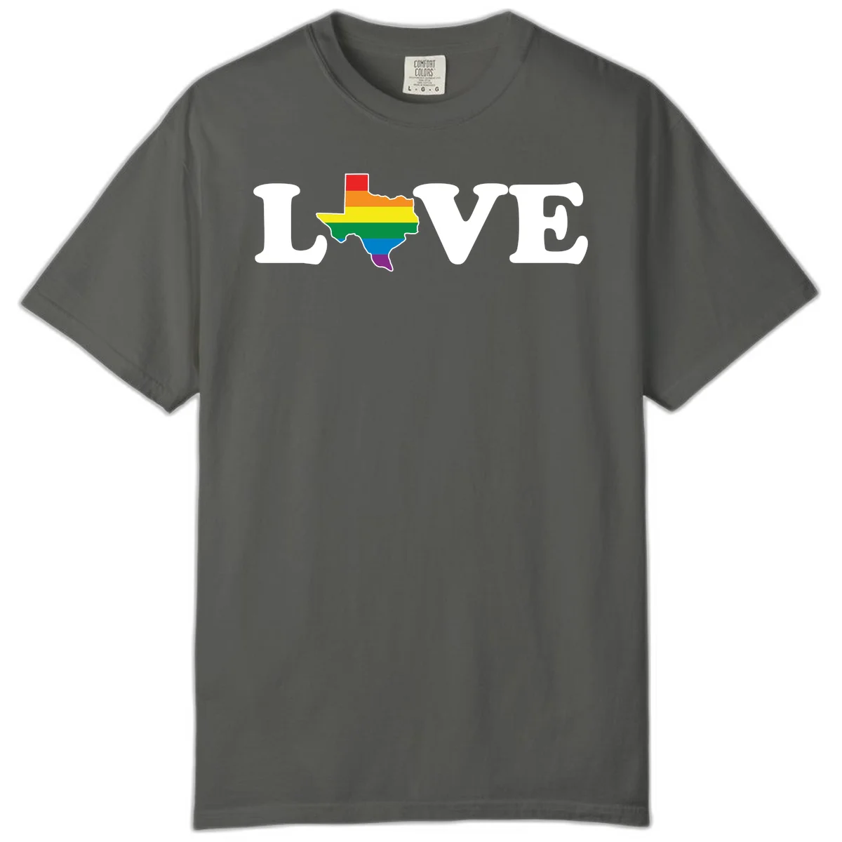 Love Texas Pride design: white LOVE text with Texas state map in rainbow pride colors on gray background in Pepper