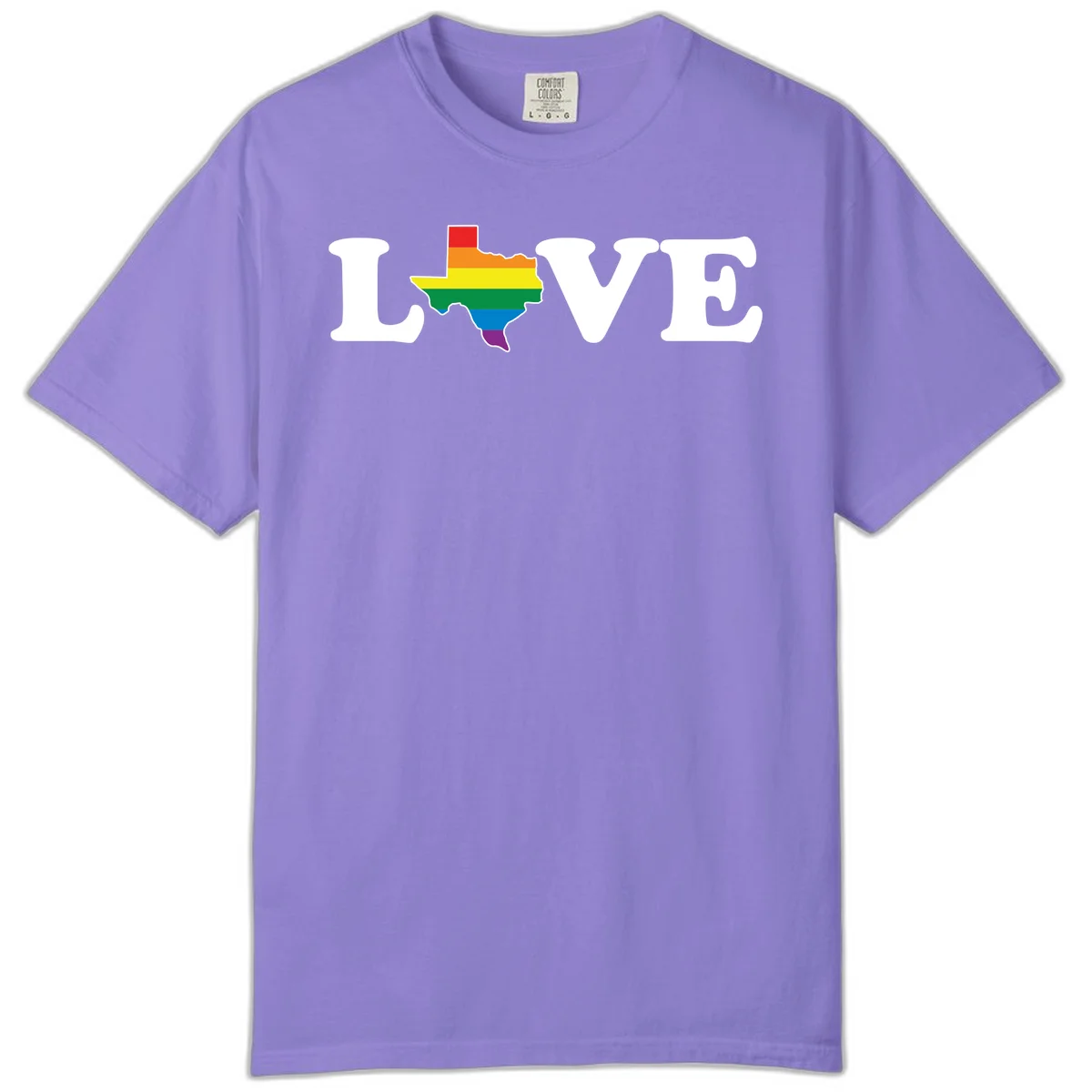 Love Texas Pride design: white LOVE text with Texas state map in rainbow pride colors on gray background in Violet