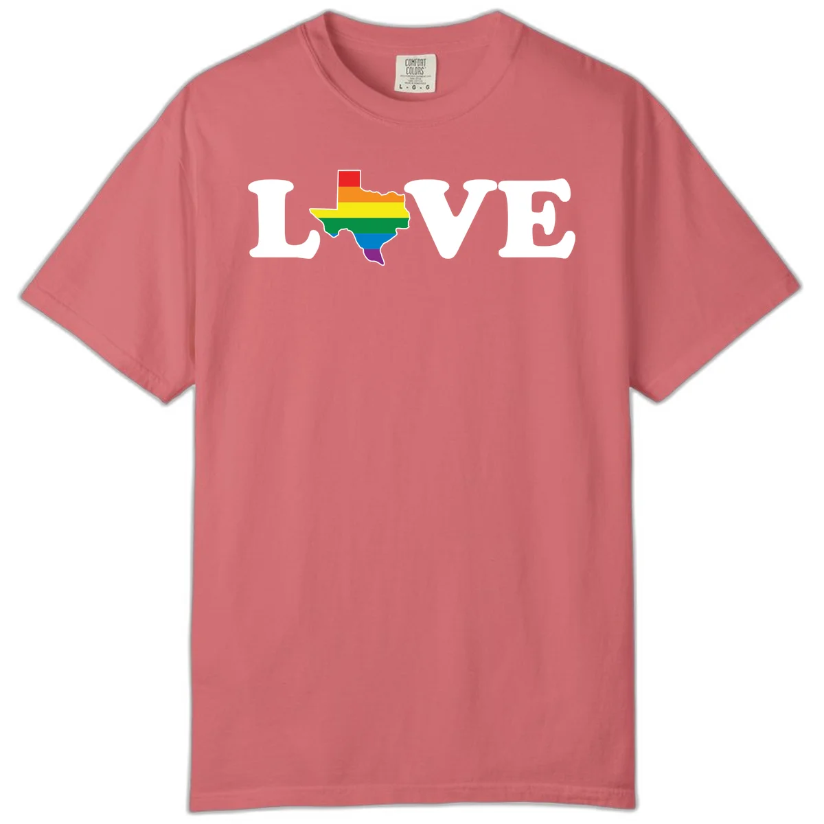 Love Texas Pride design: white LOVE text with Texas state map in rainbow pride colors on gray background in Watermelon