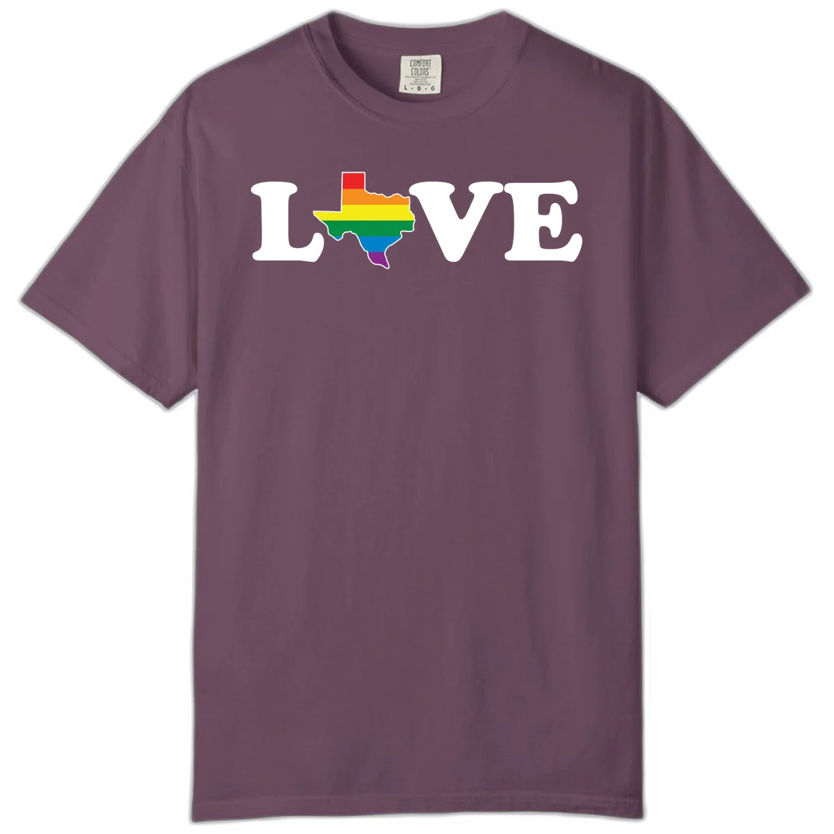 Love Texas Pride design: white LOVE text with Texas state map in rainbow pride colors on gray background in Berry