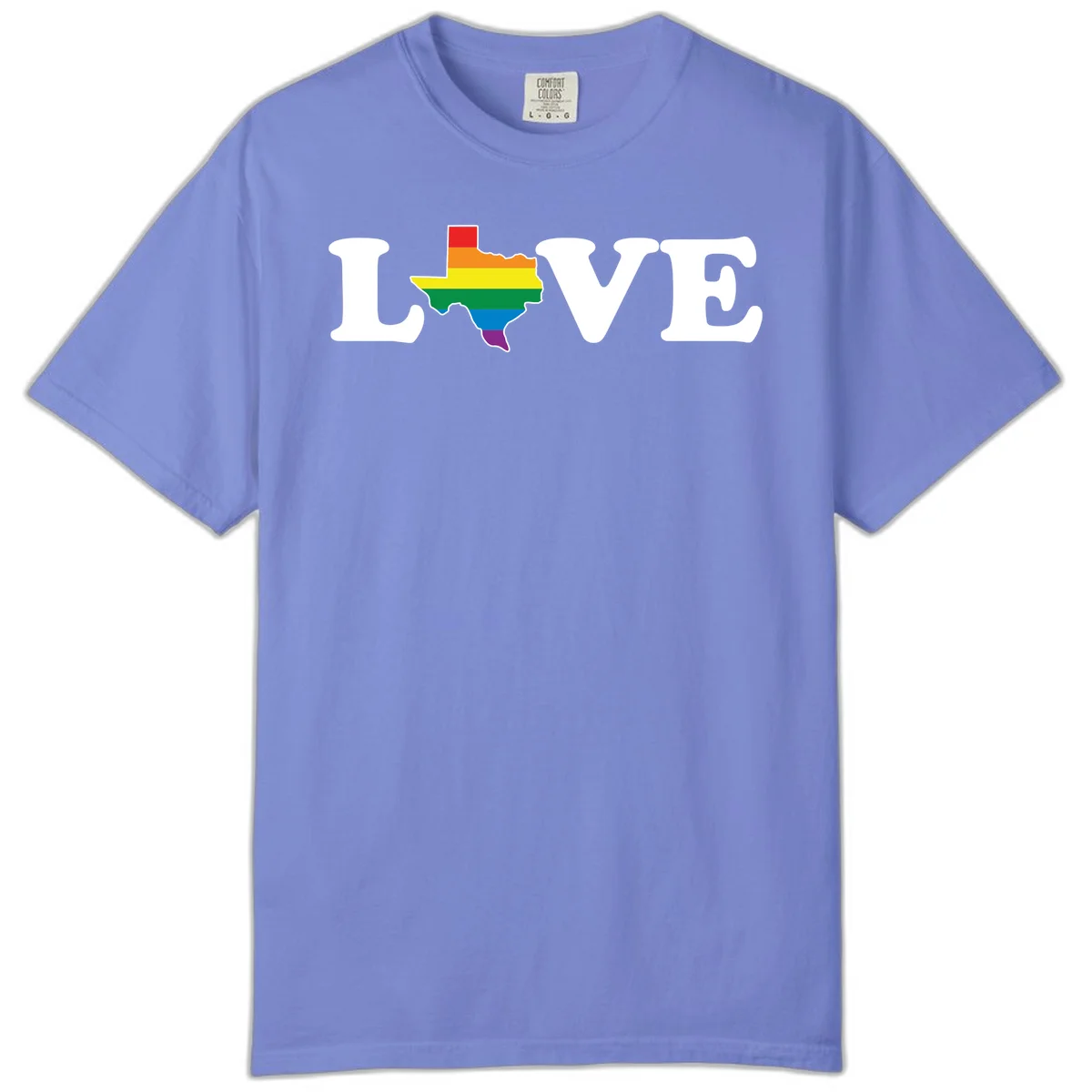 Love Texas Pride design: white LOVE text with Texas state map in rainbow pride colors on gray background in Flo Blue
