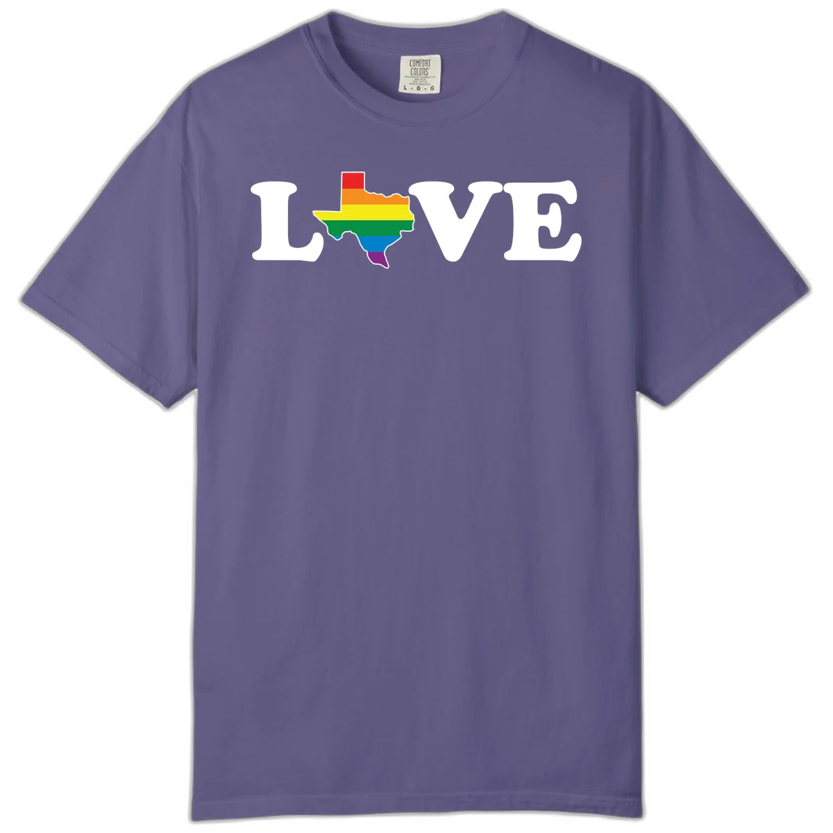 Love Texas Pride design: white LOVE text with Texas state map in rainbow pride colors on gray background in Grape