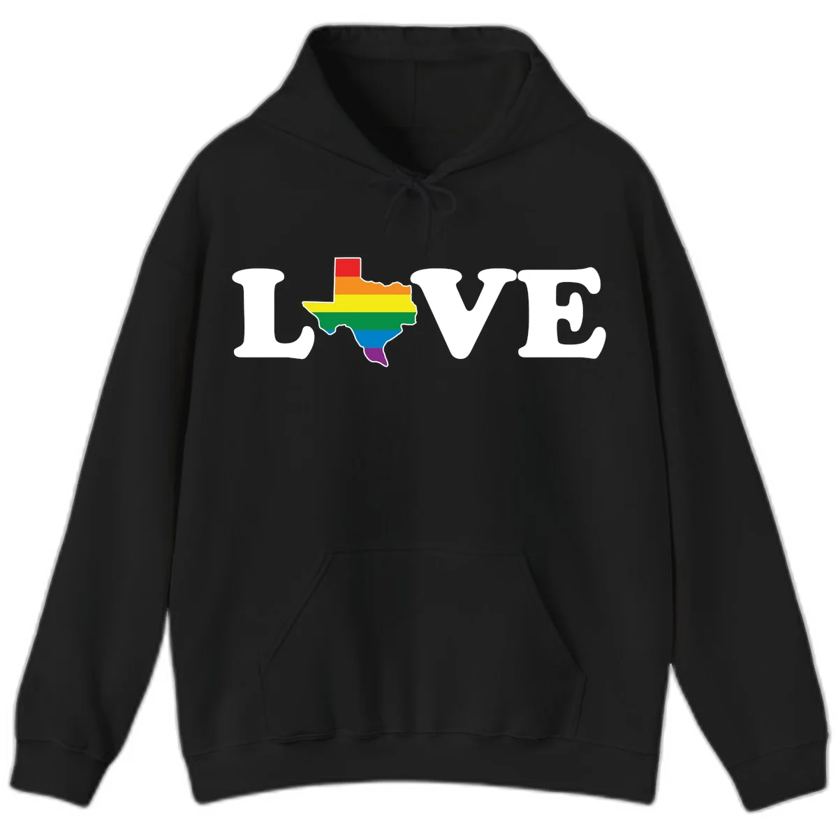 Love Texas Pride design: white LOVE text with Texas state map in rainbow pride colors on gray background in Black