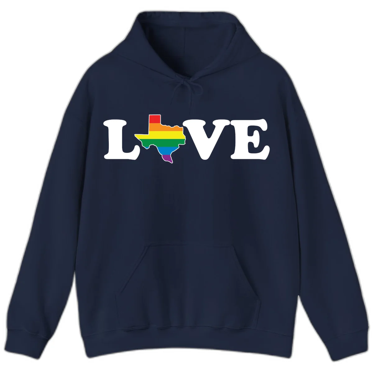 Love Texas Pride design: white LOVE text with Texas state map in rainbow pride colors on gray background in Navy