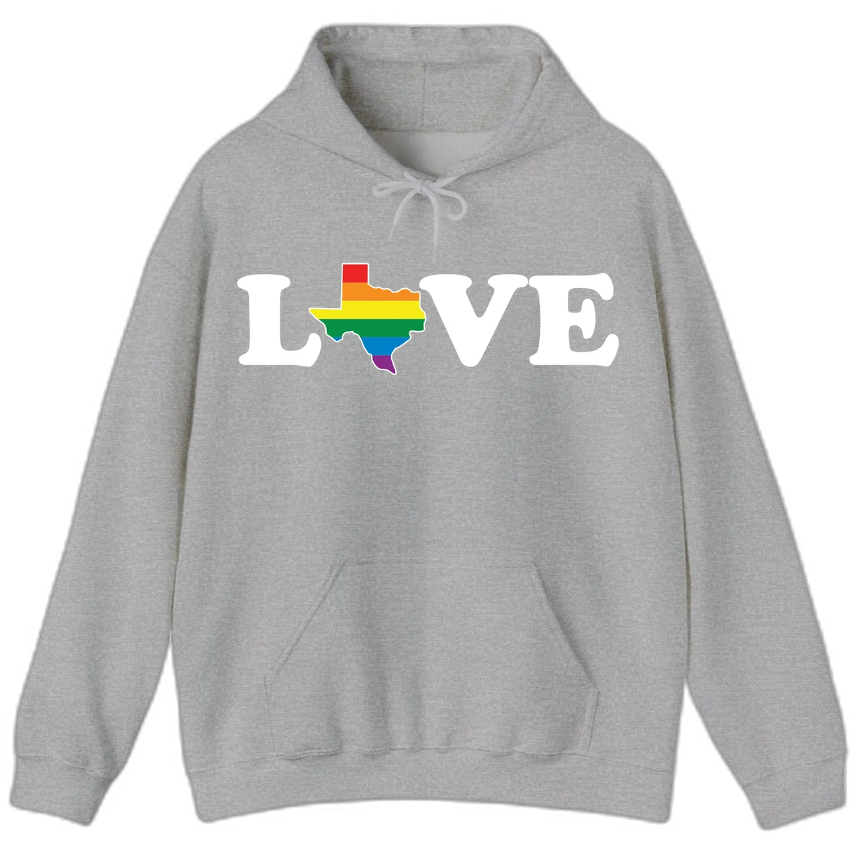 Love Texas Pride design: white LOVE text with Texas state map in rainbow pride colors on gray background in Sport Grey